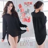 《YIRAN MEI》溫柔依偎！男友風前短後長雪紡襯衫款睡衣﹝黑﹞