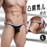 【凸屌男兒】條紋拼接亮絲微透低腰T字褲﹝黑 L﹞*