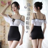 《FEE ET MOI》情趣睡衣！拼色高腰荷葉邊香肩吊帶裙裝﹝白+黑﹞