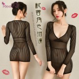 《FEE ET MOI》秘書角色扮演服！條紋控 - 撩人深V透膚顯瘦包臀睡衣﹝黑﹞